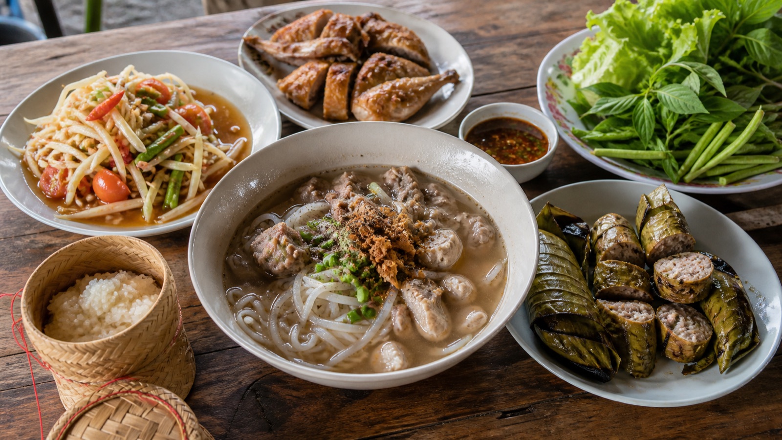 Editorial illustration of noodle bowls, grilled dishes, herbs, sticky rice, and market ingredients arranged as an Ubon food journey.